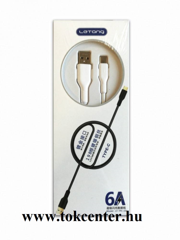 Letang LT-TPC-22 Type-C adatkábel (gyorstöltés) 6A 1 méter, Fehér