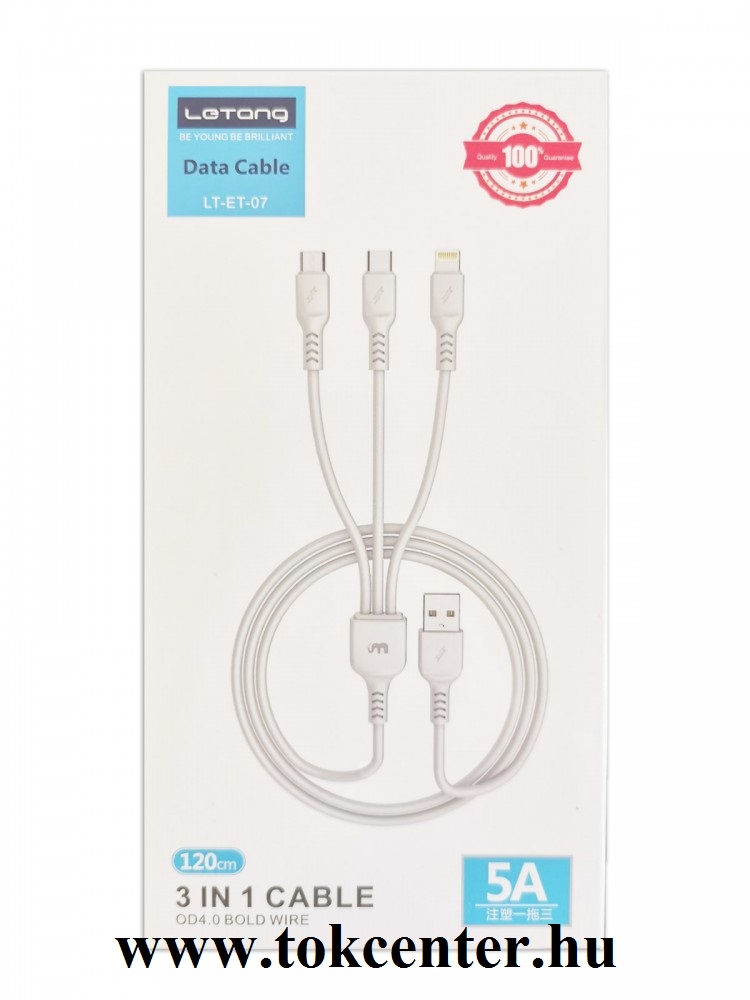 Letang LT-ET-07 3in1 Micro USB / Type-C / iPhone 8pin adatkábel 5A 1.2 méter, fehér 