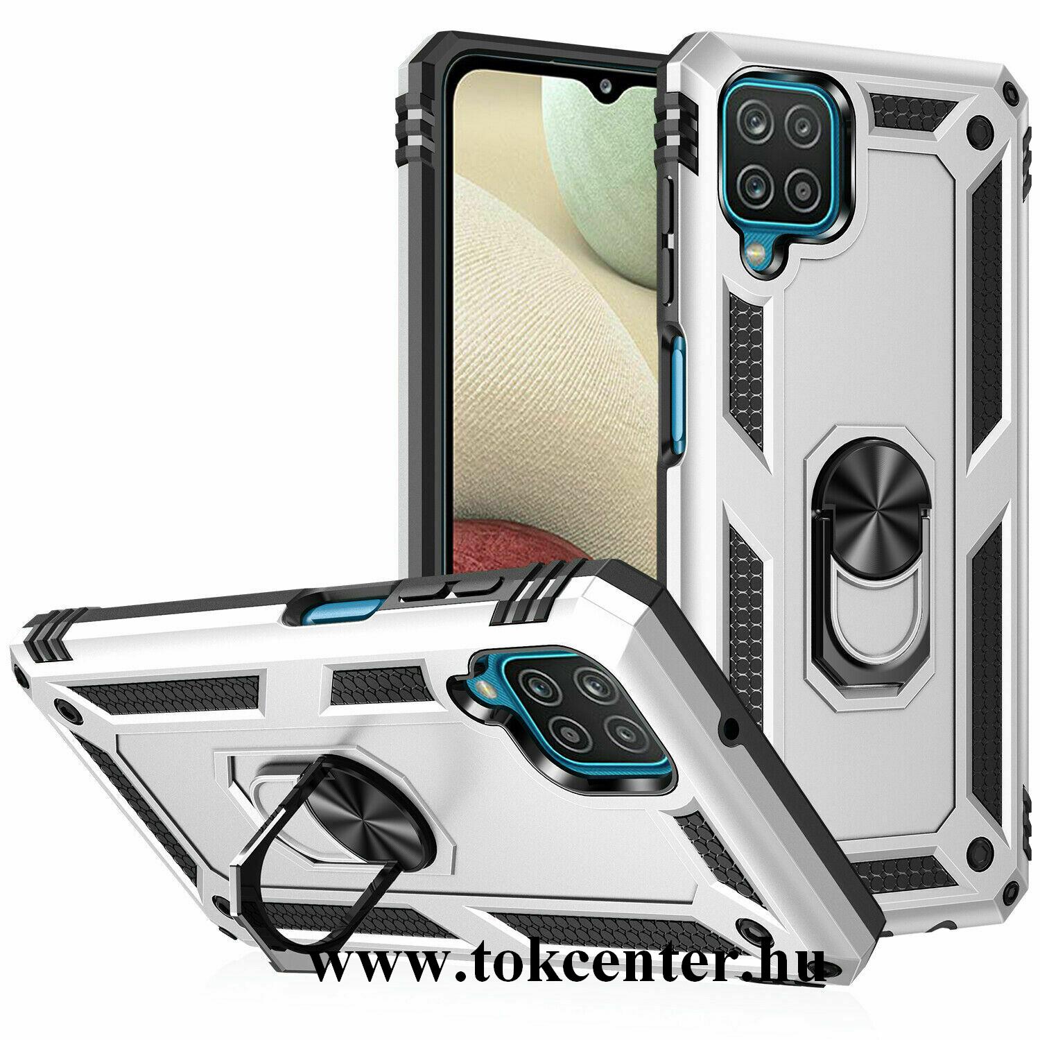 Samsung Galaxy A12 (SM-A125F) Defender műanyag telefonvédő (közepesen ütésálló, szilikon belső, telefontartó gyűrű, beépített fémlemez) EZÜST