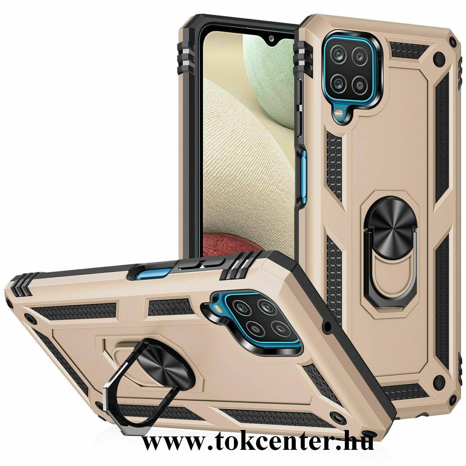Samsung Galaxy A12 (SM-A125F) Defender műanyag telefonvédő (közepesen ütésálló, szilikon belső, telefontartó gyűrű, beépített fémlemez) ARANY