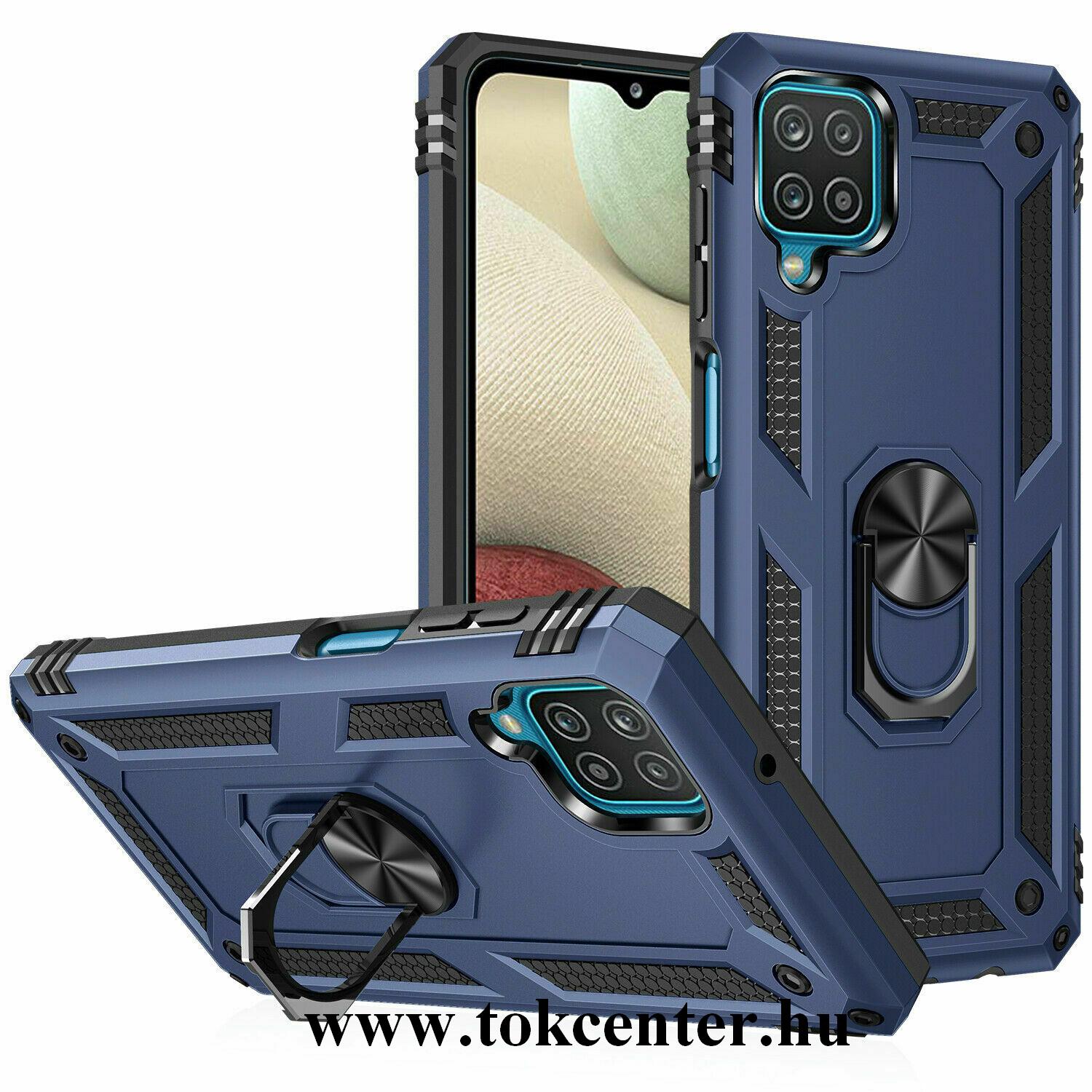 Samsung Galaxy A12 (SM-A125F) Defender műanyag telefonvédő (közepesen ütésálló, szilikon belső, telefontartó gyűrű, beépített fémlemez) SÖTÉTKÉK
