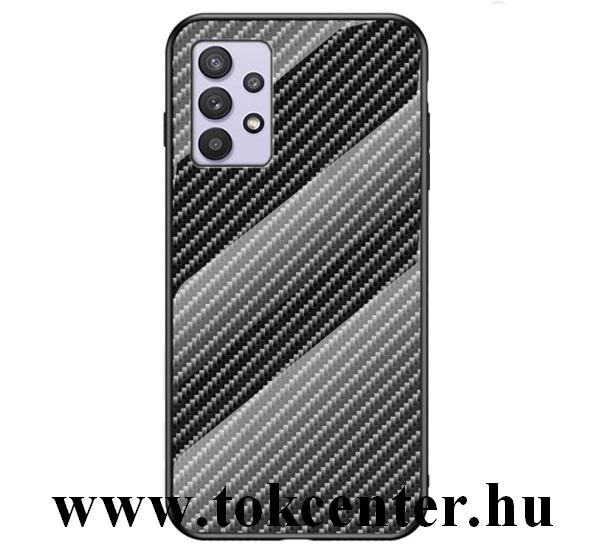 Samsung Galaxy A32 5G (SM-A326) Telefonvédő szilikon keret (BUMPER, edzett üveg hátlap, karbon minta) FEKETE