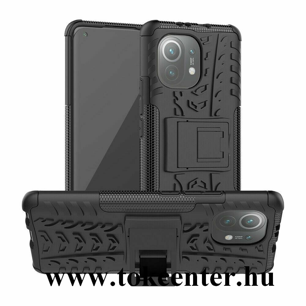 Xiaomi Mi 11 Defender műanyag telefonvédő (közepesen ütésálló, szilikon belső, kitámasztó, autógumi minta) FEKETE