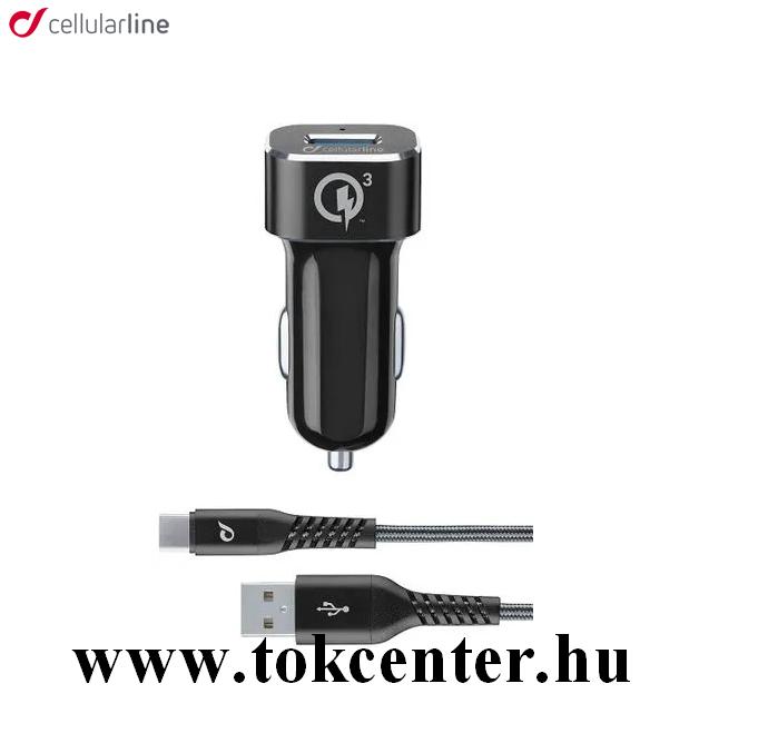 CELLULARLINE TETRAFORCE autós töltő USB aljzat (9V / 2000 mA, 18W, adaptív gyorstöltés támogatás + Type-C kábel) FEKETE