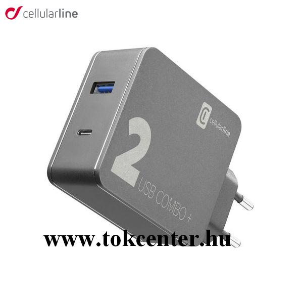 CELLULARLINE hálózati töltő USB + Type-C aljzat (5V / 3000 mA, 48W, PD gyorstöltés + Type-C - Type-C kábel) FEKETE