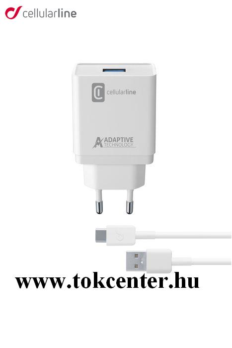 CELLULARLINE hálózati töltő USB aljzat (5V / 3000 mA, 15W, PD gyorstöltés támogatás + Type-C kábel) FEHÉR