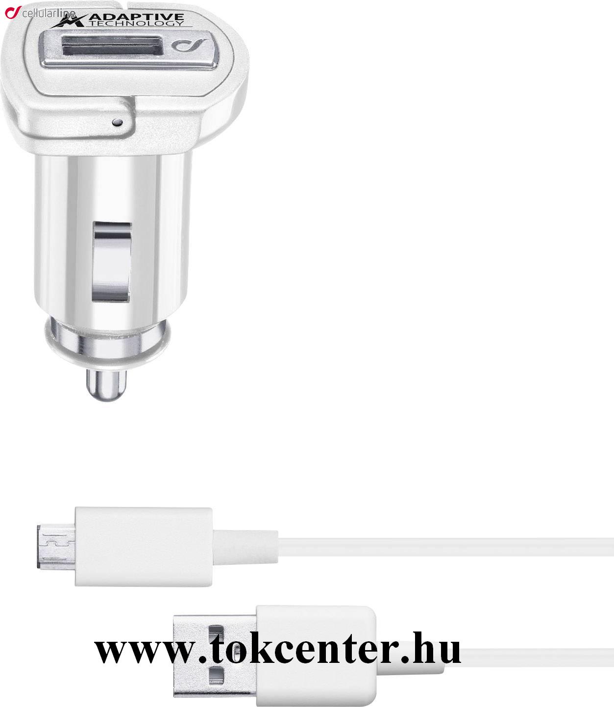 CELLULARLINE autós töltő USB aljzat (5V / 2400 mA, 15W, adaptív gyorstöltés támogatás + microUSB kábel) FEHÉR