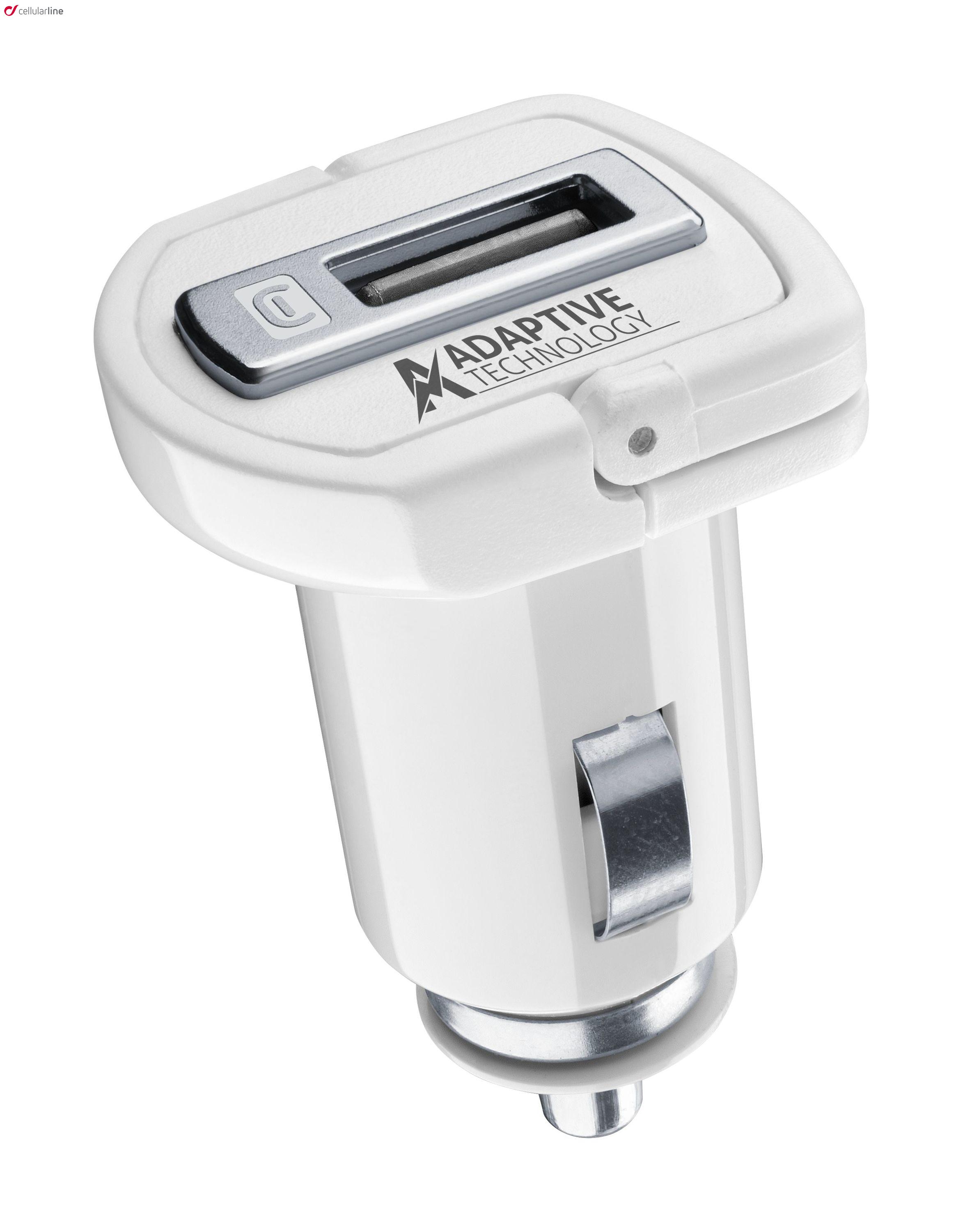 CELLULARLINE autós töltő USB aljzat (5V / 2400 mA, 15W, gyorstöltés támogatás + Type-C kábel) FEHÉR