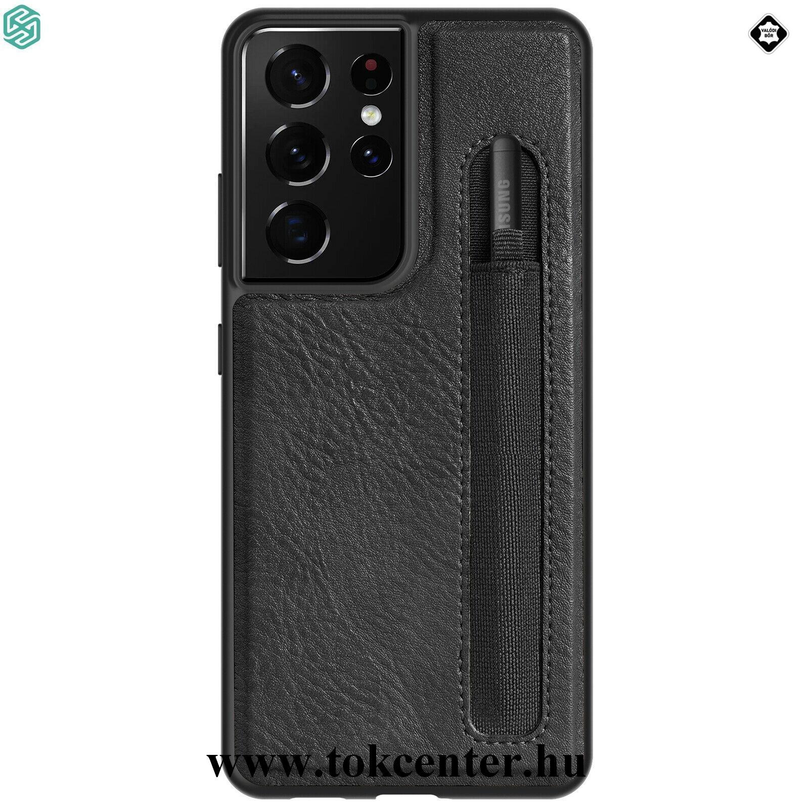 Samsung Galaxy S21 Ultra (SM-G998) 5G NILLKIN AOGE műanyag telefonvédő (valódi bőr hátlap, mikrofiber plüss belső, bankkártya tartó) FEKETE