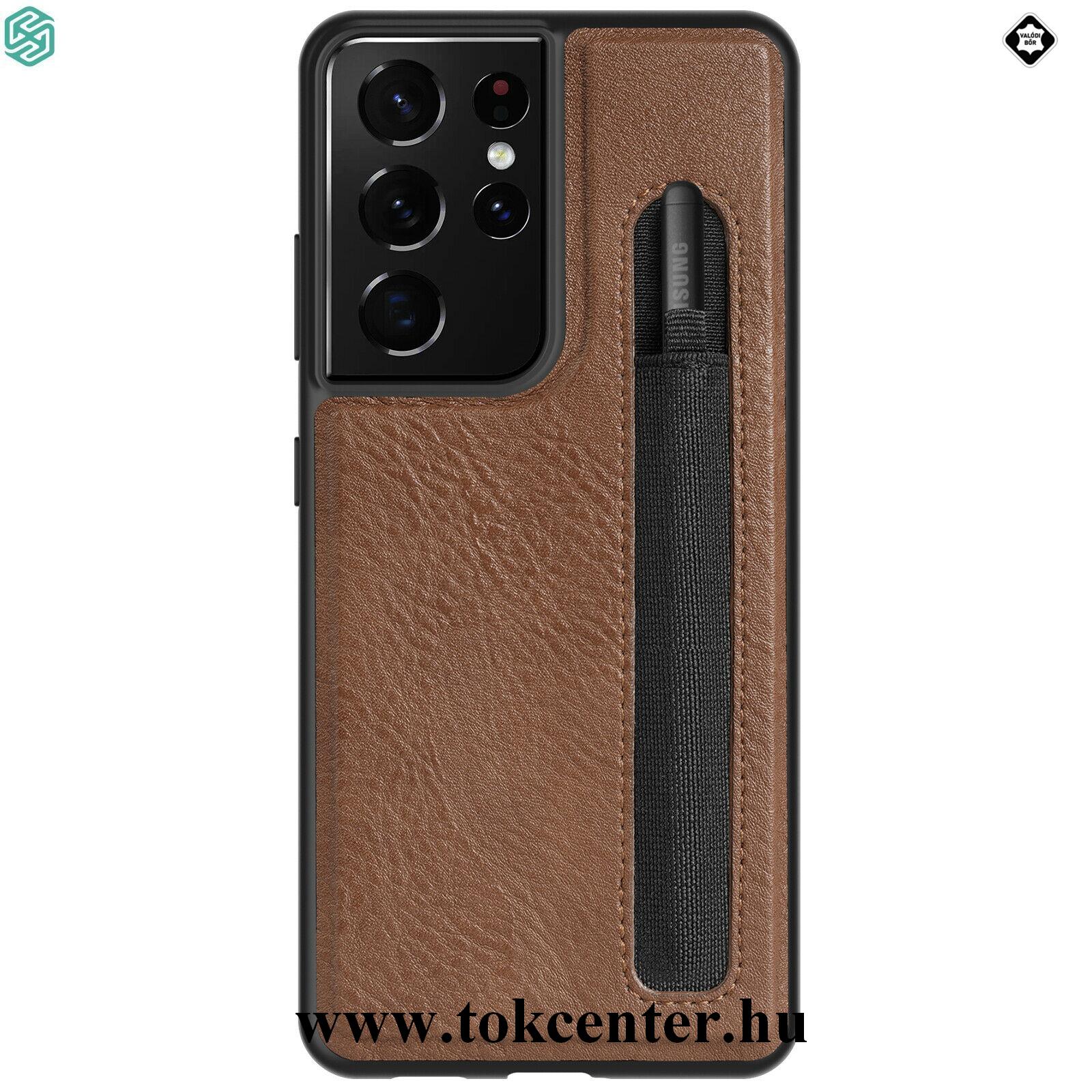 Samsung Galaxy S21 Ultra (SM-G998) 5G NILLKIN AOGE műanyag telefonvédő (valódi bőr hátlap, mikrofiber plüss belső, bankkártya tartó) BARNA