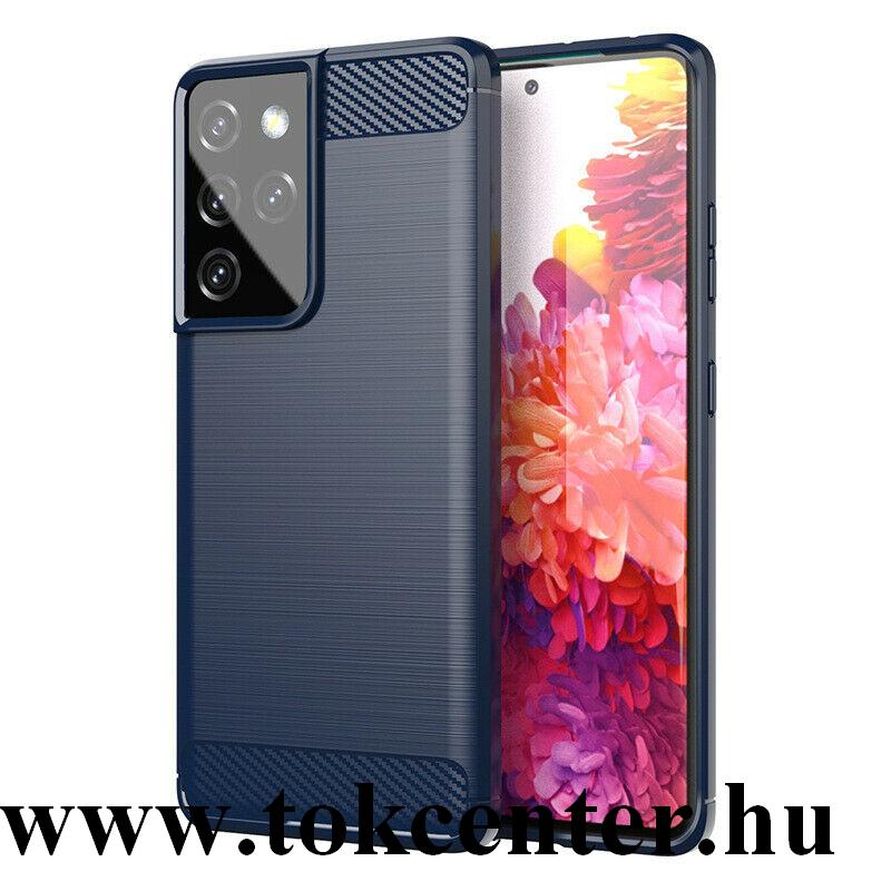 Samsung Galaxy S21 Ultra (SM-G998) 5G Szilikon telefonvédő (közepesen ütésálló, légpárnás sarok, szálcsiszolt, karbon minta) SÖTÉTKÉK